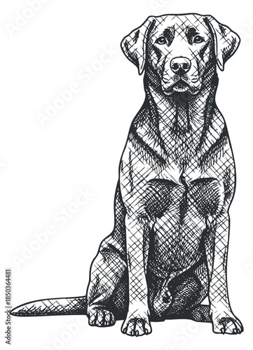 A detailed illustration of a sitting Labrador dog in black and white sketch style, perfect for pet-related branding and design