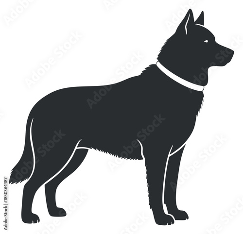 A standing silhouette of a dog in black vector style, suitable for pet care and animal welfare projects