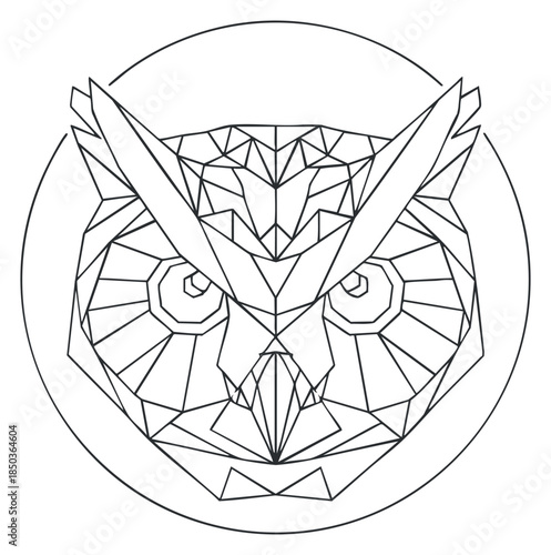 A geometric owl illustration in black and white vector style, suitable for modern design and creative projects