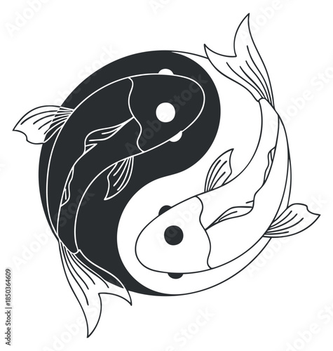 A pair of koi fish in a circular design with black and white outline style, symbolizing harmony and balance