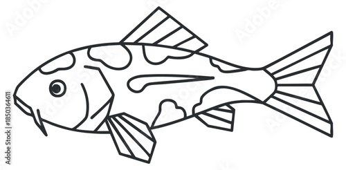 A koi fish illustration in a black and white outline vector style, suitable for decorative designs and aquatic themes