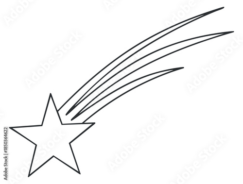 A shooting star with a trailing comet in minimalist black and white vector style, ideal for cosmic-themed designs