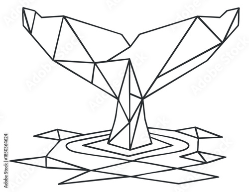 A geometric whale tail emerging from water in clean black and white outline vector style, ideal for marine conservation projects