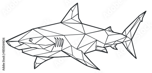 A stylized geometric shark illustration in black and white outline vector style, suitable for marine-themed designs and artwork