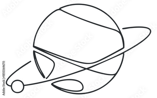 A simple line art illustration of a planet with rings and a moon in minimalist vector style, suitable for educational materials and space-themed designs