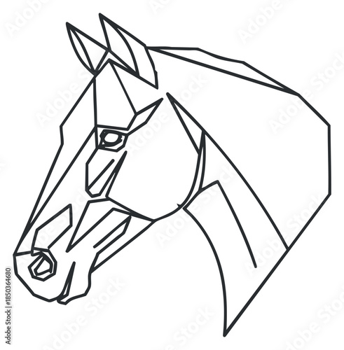 A geometric outline illustration of a horse's head in minimalist black and white vector style, suitable for equestrian-themed designs