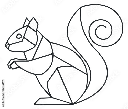 A geometric outline illustration of a squirrel with a curled tail in minimalist vector style, suitable for nature-themed designs
