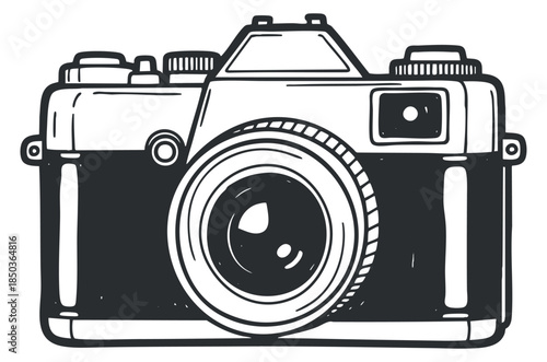 A vintage camera illustration in black and white outline vector style, suitable for photography and creative projects