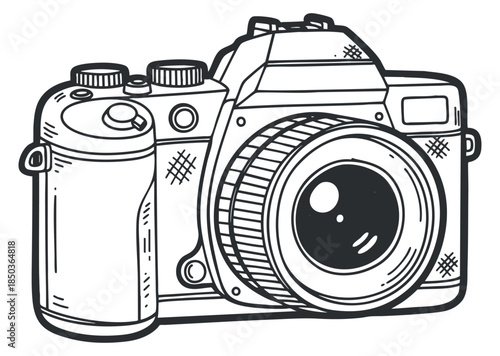 A vintage camera illustration in black and white outline vector style, ideal for photography-related designs and creative projects