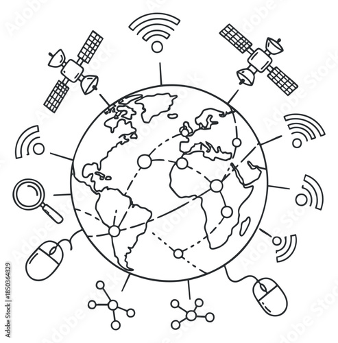 A globe with satellites and wireless signals in outline vector style, ideal for technology and communication projects