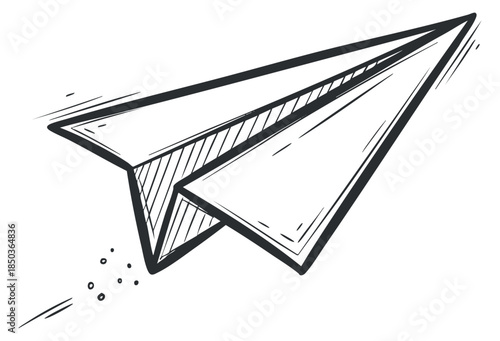 A hand-drawn paper airplane sketch in black and white outline style, suitable for creative projects and design use