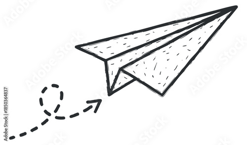 A doodle-style paper airplane in black outline vector illustration, suitable for travel and creativity projects