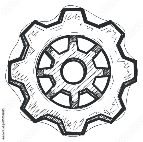 A hand-drawn gear illustration in black and white outline style, ideal for engineering and technology projects
