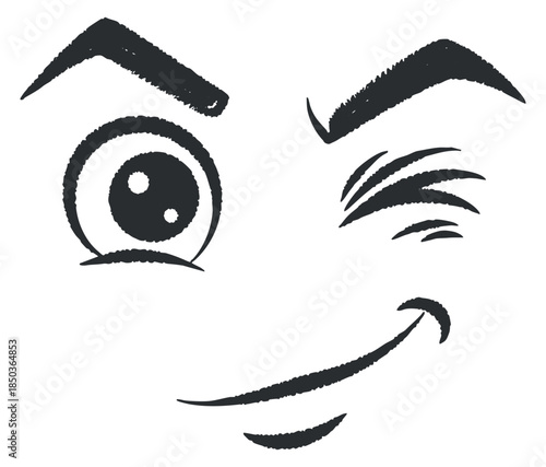 A playful wink and smile emoticon in minimalist black and white vector style, great for cheerful illustrations and designs