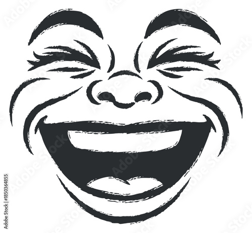A joyful laughing face illustration in black and white minimalist vector style, perfect for comedic and entertainment themes