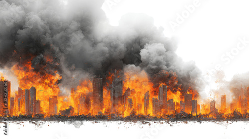 Burning city skyline engulfed in massive fire and smoke depicting urban destruction apocalypse disaster concept illustration isolated on white background