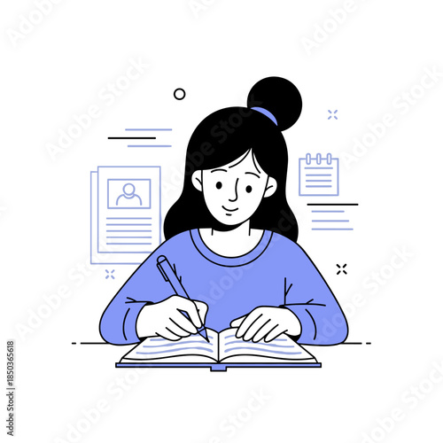 Asian female teen studying with notebook and pen in minimalistic illustration
