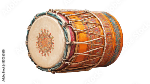 Traditional Indian dhol drum with colorful handcrafted patterns, cultural percussion musical instrument used in festivals ceremonies celebrations isolated on white background