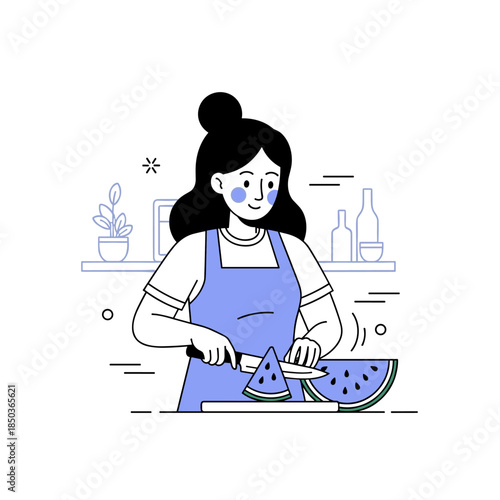 Caucasian female prepares watermelon in kitchen setting
