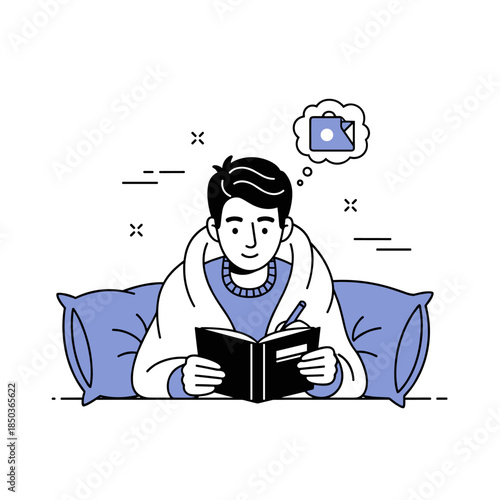 Young caucasian male writing in journal with thought bubble of camera on bed
