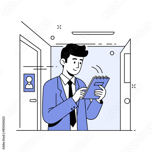 Young caucasian male surveying office environment with notepad