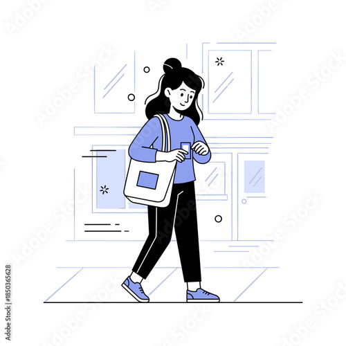 Young female walking on street carrying tote bag in urban setting