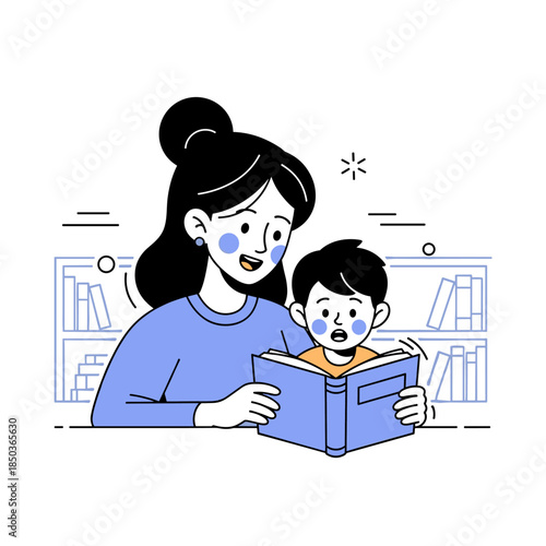 Asian female adult reading to asian child in library setting