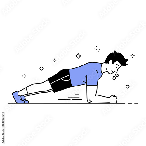 Young caucasian male doing plank exercise in athletic wear illustration