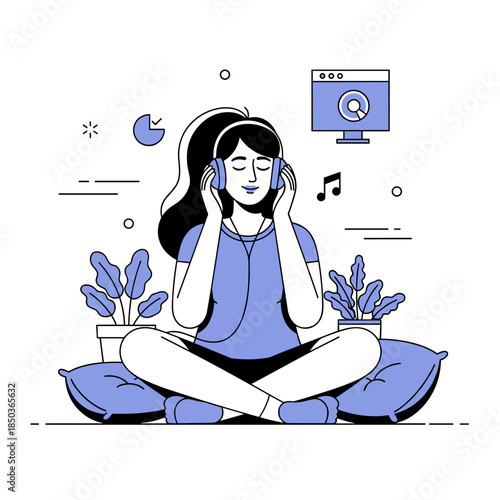 Young caucasian female listening to music with headphones at home