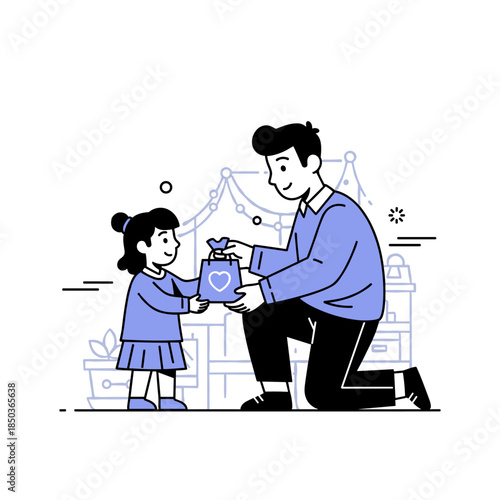 Asian father and young daughter exchanging gifts in festive setting