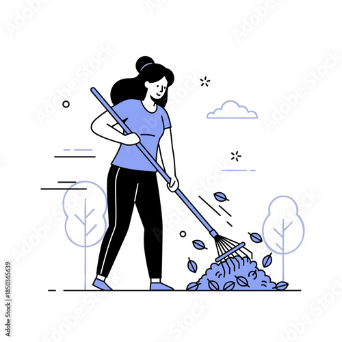 Young caucasian female raking autumn leaves in minimalist illustration