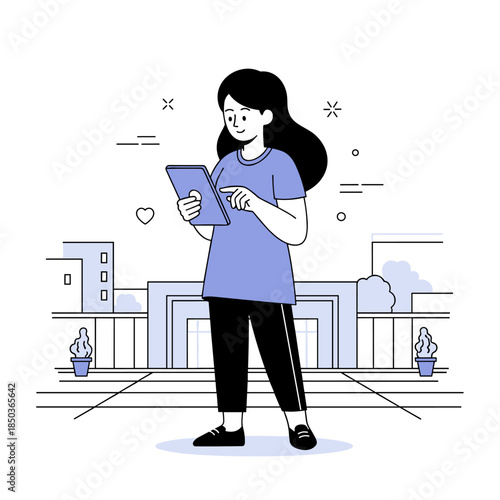 Young asian female using tablet outdoors in urban setting