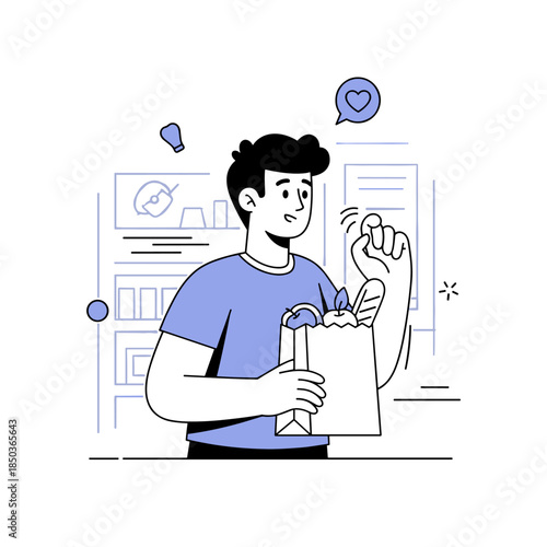 Young caucasian male shopping with grocery bag in hand, engaged in thoughtful gesture