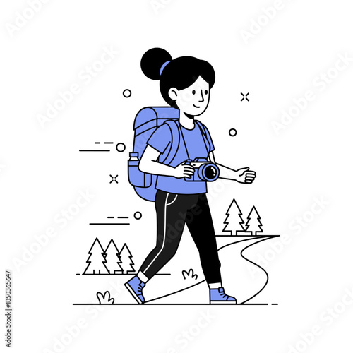 Young female hiker icon in nature with camera and backpack