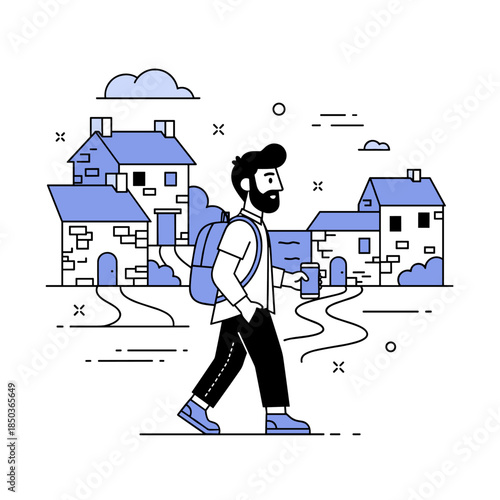 Young adult caucasian male walking with coffee and backpack in minimalist village scene