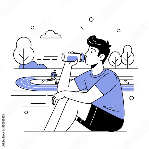 Young male taking a break by track with water bottle in hand