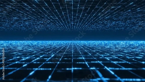 Realistic futuristic grid background with glowing lines and subtle motion, modern technology style, dark blue tones, cinematic lighting, seamless loop