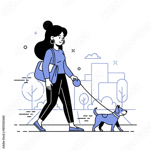 Young female walking dog in park - urban cityscape with trees and skyline