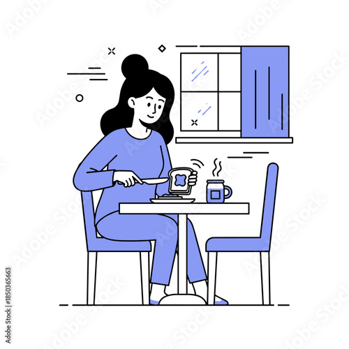 Asian woman enjoys breakfast in cozy kitchen