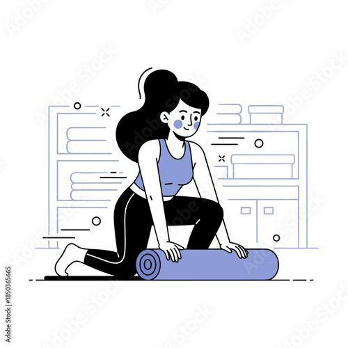 Female preparing for yoga session with exercise mat in home gym setting