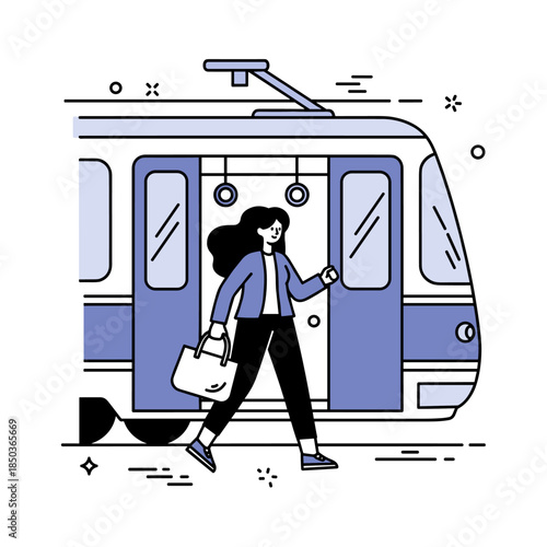 Young female character exits train with bag in hand