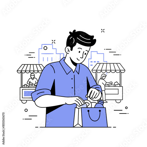 Young adult male shopping at outdoor market with vendor stalls