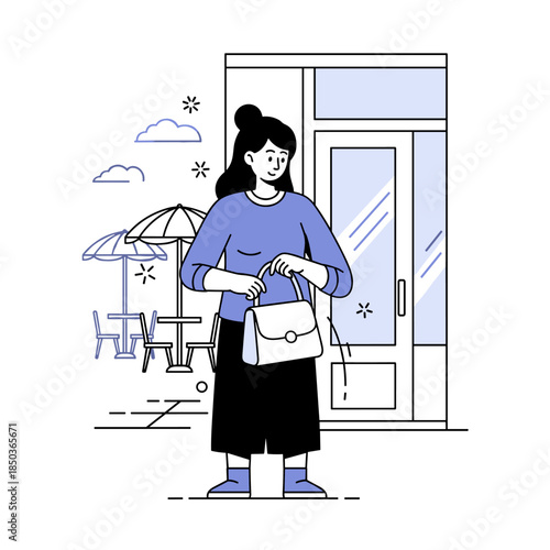 Female character outside cafe with purse in hand