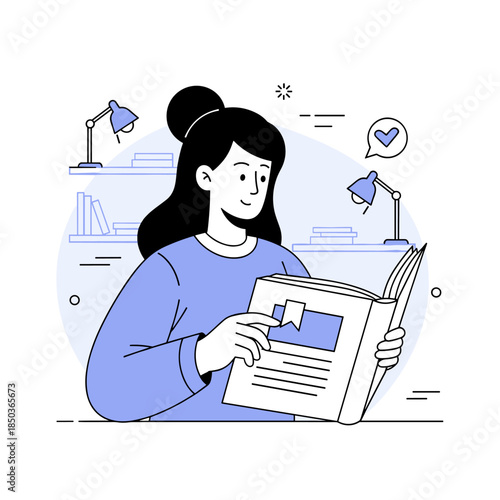 Young asian female reading a book in cozy study with bookshelves and decorative lamps