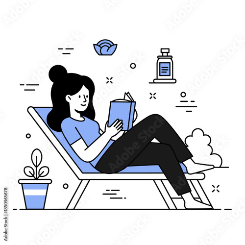 Asian female relaxing and reading outdoors on a lounge chair