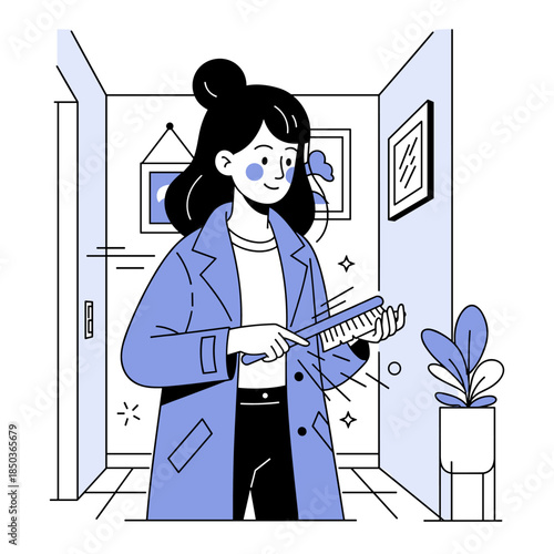 Young female asian cartoon character combing hair in stylish blue coat
