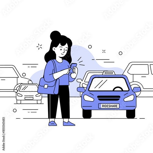 Young hispanic female using app to call rideshare service in urban setting