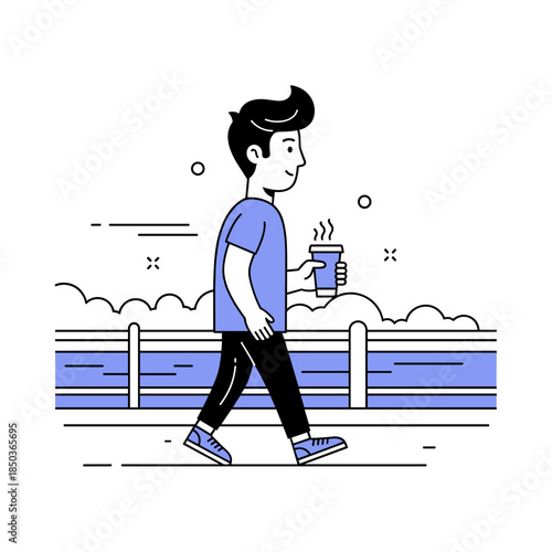 Young caucasian male walking with coffee outdoors in casual outfit
