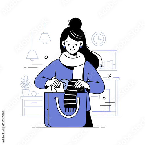 Young asian female unpacking bag in cozy home setting with modern decor
