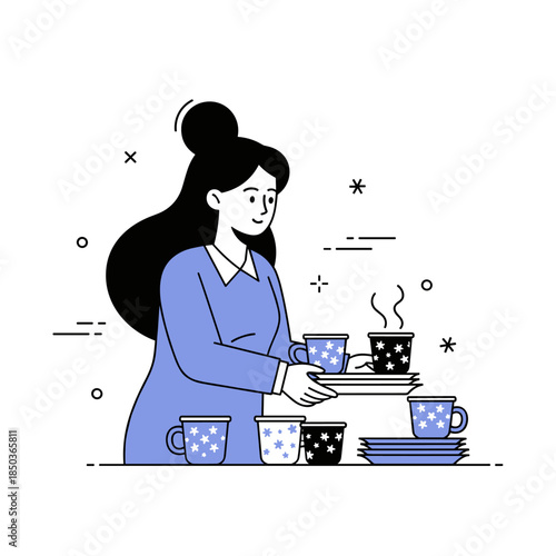 Cartoon asian female preparing coffee with cups and saucers in blue outfit